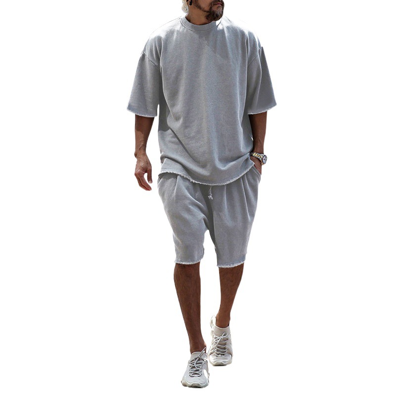 2024 Comercio exterior europeo y americano Amazon más tamaño casual traje de hombre suelto de manga corta para hombre T pantalones cortos de primavera y verano ropa de hombre de color sólido