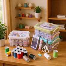 新款北欧风双层针线盒 塑料收纳针线套装 缝补用品针线包批发