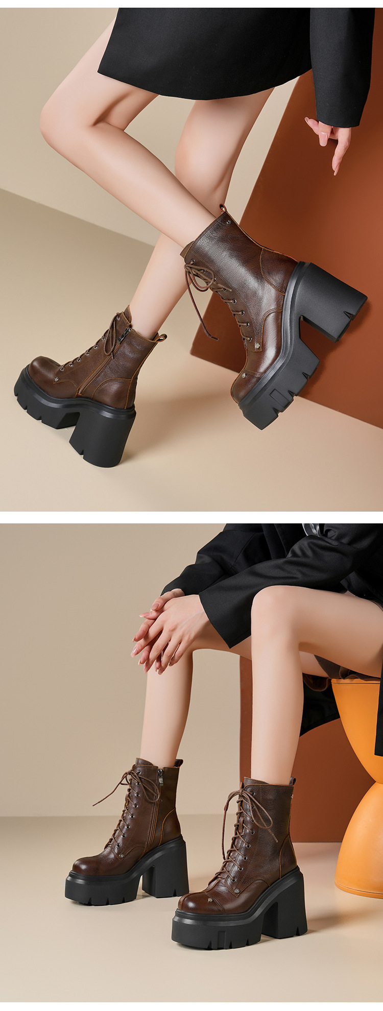 Boot nữ da mềm mũi tròn gót thô đế dày dây buộc — Lót nhung đen chi tiết 5