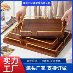 金属製アカシア材丸型収納プレート、無垢材正方形プレート、卓上デザートプレート、ティープレート、カップトレイ、軽奢風