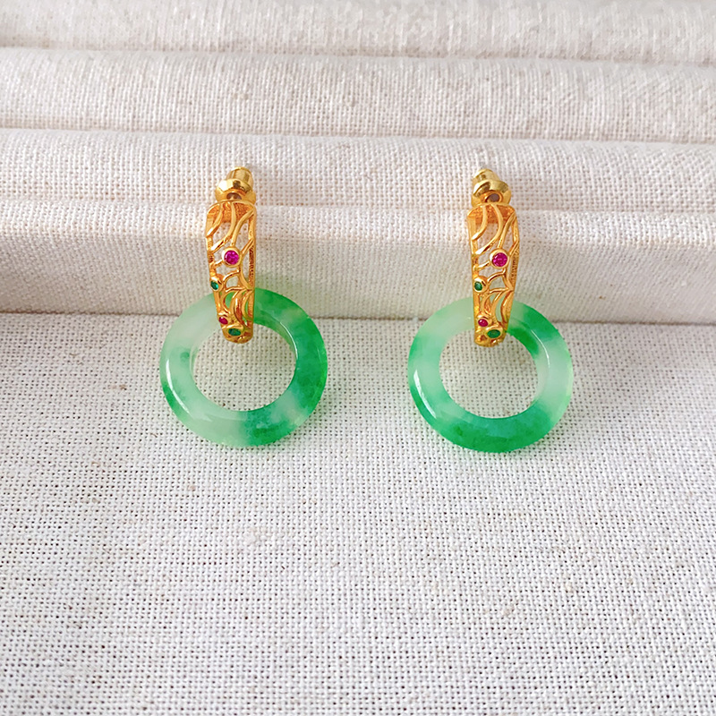 新中式田園風巴山翠飄花圓環吊墜鏤空銅鍍真金925銀針高級感耳釘