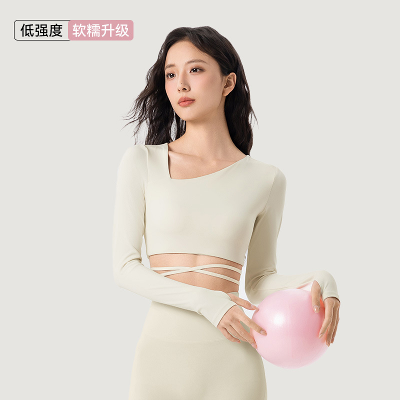 跨境短款正肩瑜伽服长袖女斜领绑带运动上衣带胸垫修身显瘦健身服|undefined