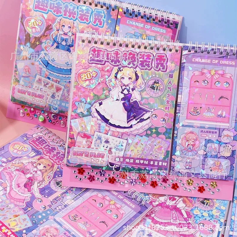 New Fun Dress-Up Show Book for Children Cartoon Cute Princess Dress-Up Sticker Coil Crystal Gem Sticker Book