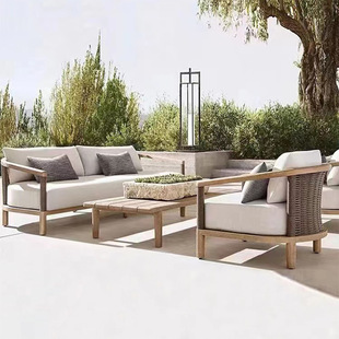 Outdoor Teak Sofa Courtyard Villa Living Room Terrace Thick Cushion Sofa Chair Coffee Table Combination Hotel Reception Furniture
