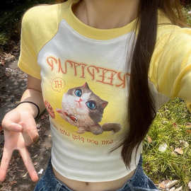 纯棉甜辣妹正肩短袖t恤女2023夏季新款多巴胺女孩穿搭短上衣