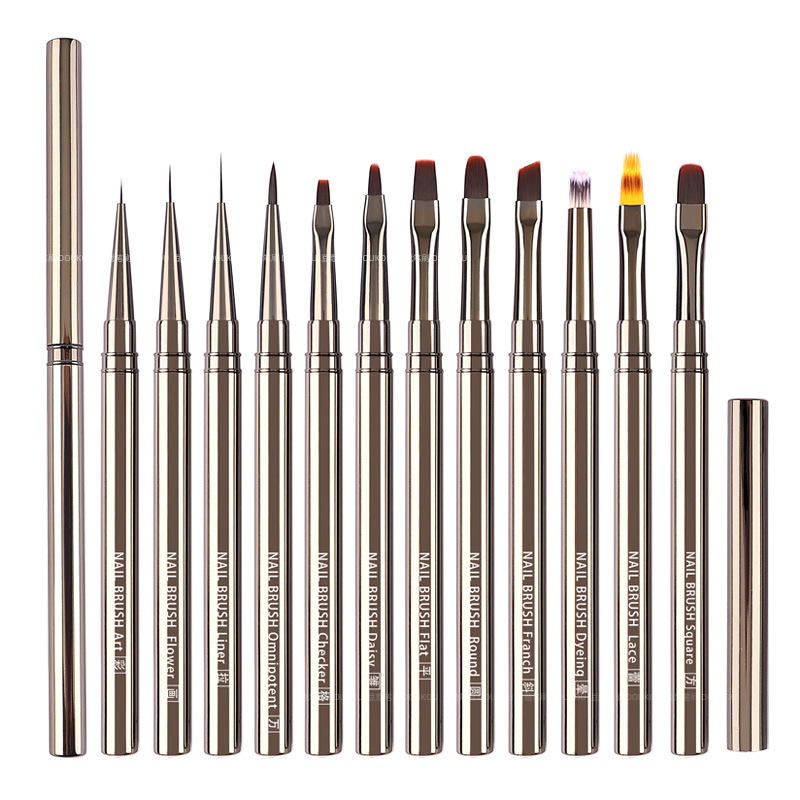 Juego de pinceles para decoración de uñas con forma de cuadrado y redondo, con mango de metal, bolígrafo universal para pintar con colores degradados, diseño de flores y bolígrafo de fototerapia.