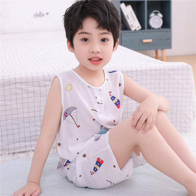 Children's Clothing Boys' Summer Outfit Set, Children's Cotton Silk Vest and Shorts for Older Girls, Sleeveless 2025 New Style Home Wear