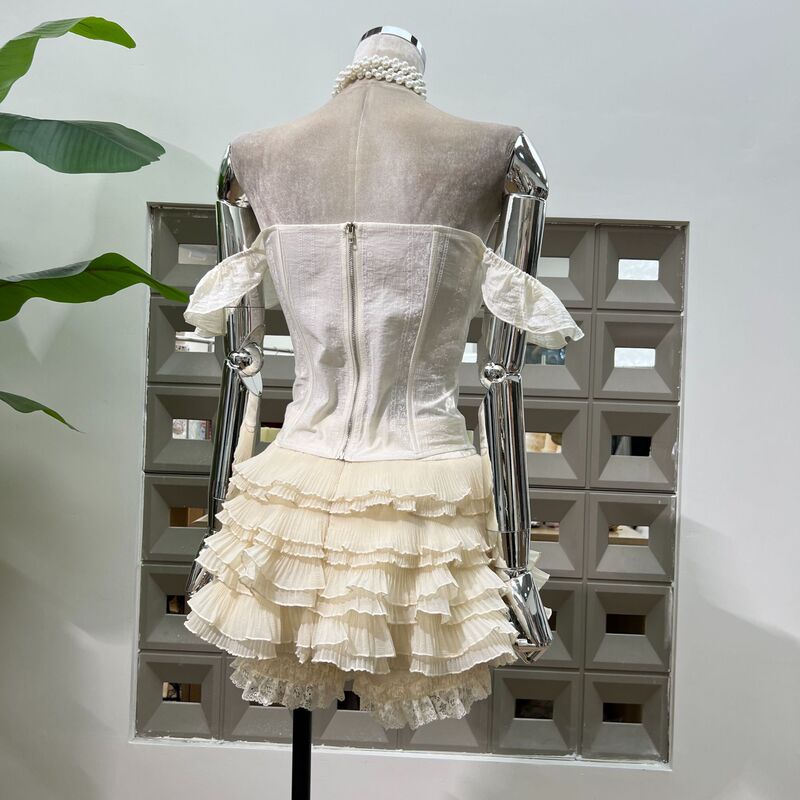 アマゾンガールスイートスタイルフィッシュボーンチューブトップ+ケーキジャカードショートスカートミルクアプリコットスーツ夏の女性用|undefined