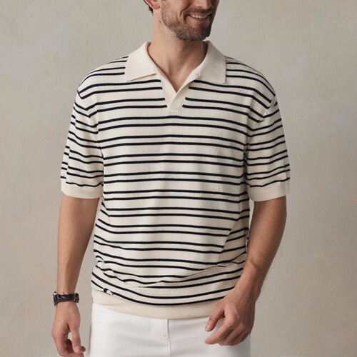 2025 Summer V-Neck Ice Silk Striped Polo Shirt for Men, Simple and Fashionable, Turn-up Collar Short Sleeve T-Shirt