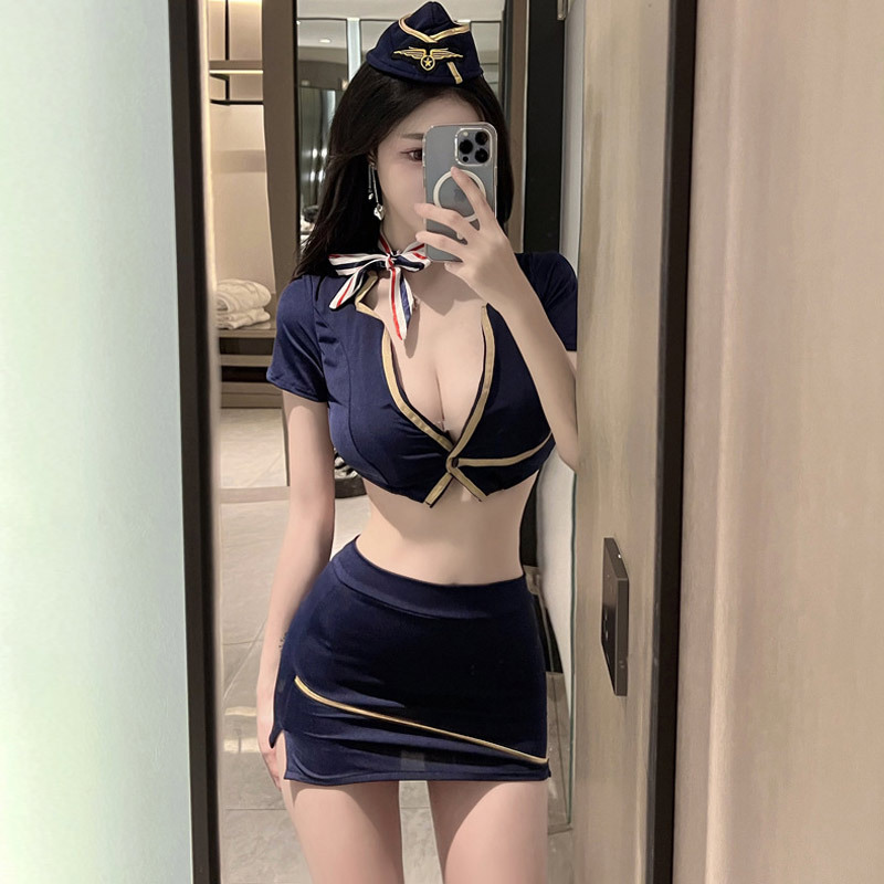 Falling Rabbit Stewardess Uniform Sexy Interesting Underwear Lace Nurse Pure Desire Black Silk Hip Skirt Exposed Suit Pajamas for Women