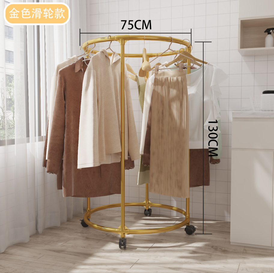 Nuevo multifuncional móvil giratorio percha de ropa tienda de ropa hierro forjado exhibición redonda rack al por mayor en stock