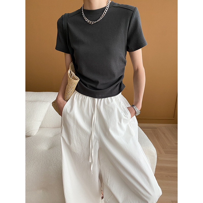 Sinan fashionable fishbone line pleated waist slimming round neck shoulder T-shirt short sleeve small SN5570
