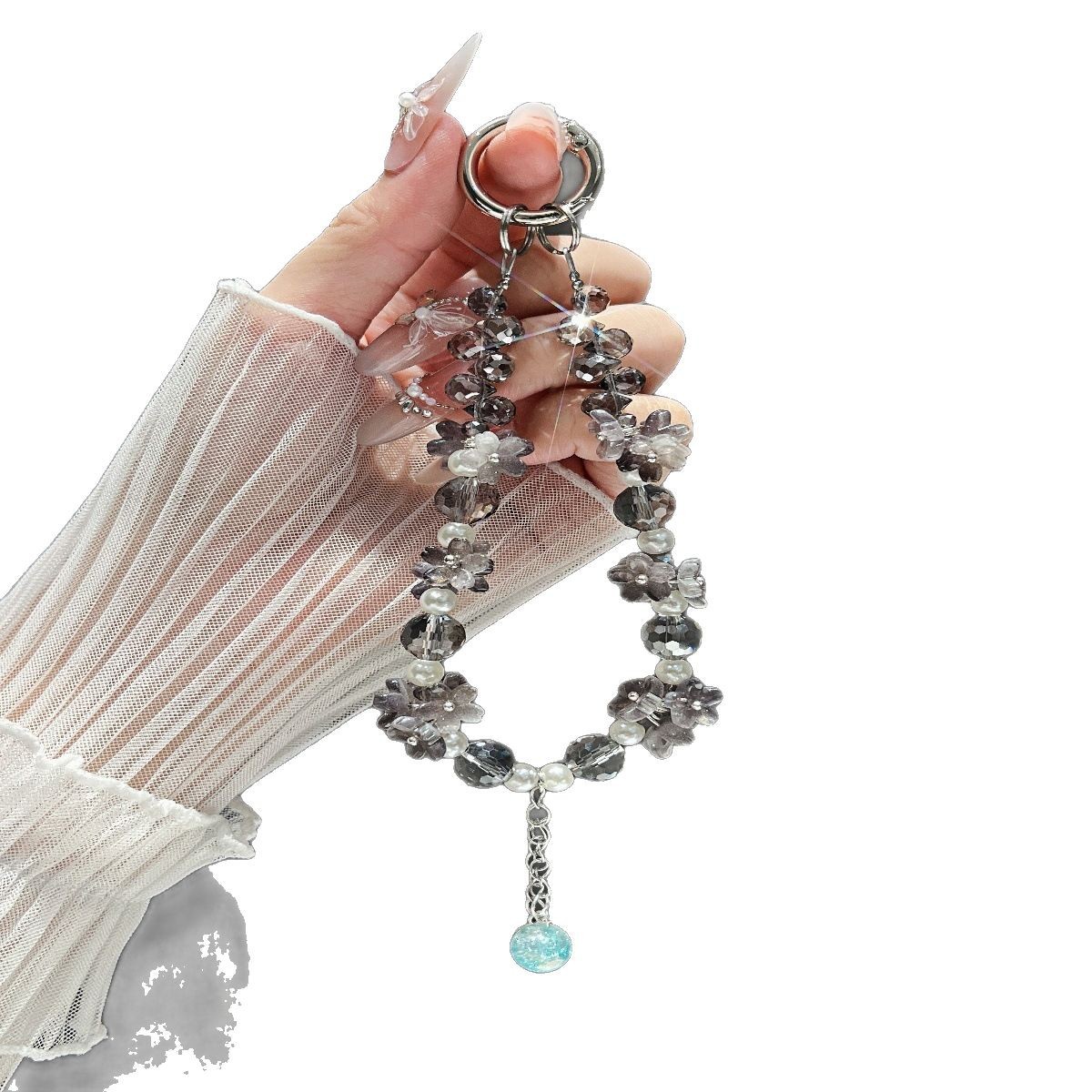 Cadena de teléfono móvil de cristal al por mayor, cadena colgante de carcasa de teléfono móvil de nicho, nueva gota de agua tridimensional, borla de copo de nieve, cordón de cuentas, hada