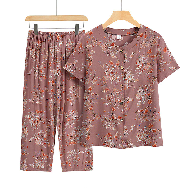 夏季套装老太太短袖妈妈新款中老年女衣服奶奶绵绸两件套老人上衣