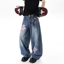 外贸专柜美式复古星星贴布弯刀牛仔裤男2025秋季宽松阔腿水洗长裤