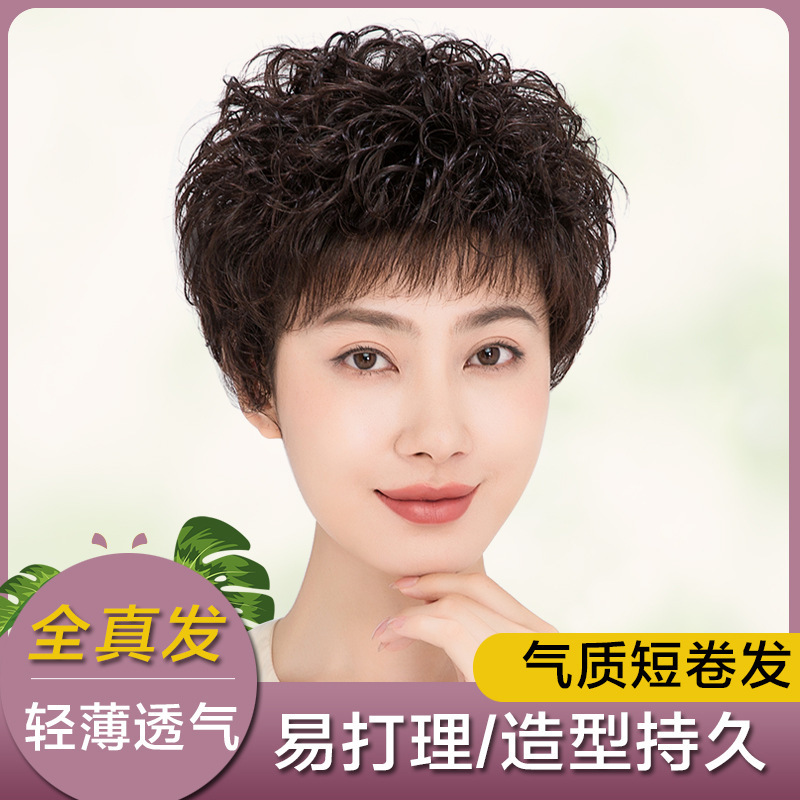 Short Hair Wig for Women, Full Headgear for Mothers, Real Hair Headgear, Fashionable Middle-Aged and Elderly Short Curly Hair, Natural Fluffy Wig Set