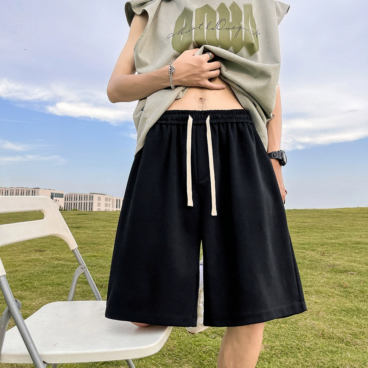 Летние американские виды спорта на открытом воздухе с высоким весом хлопок прямой, свободные пятибалочные повседневные брюки, модные мужские и женские однотонные шорты