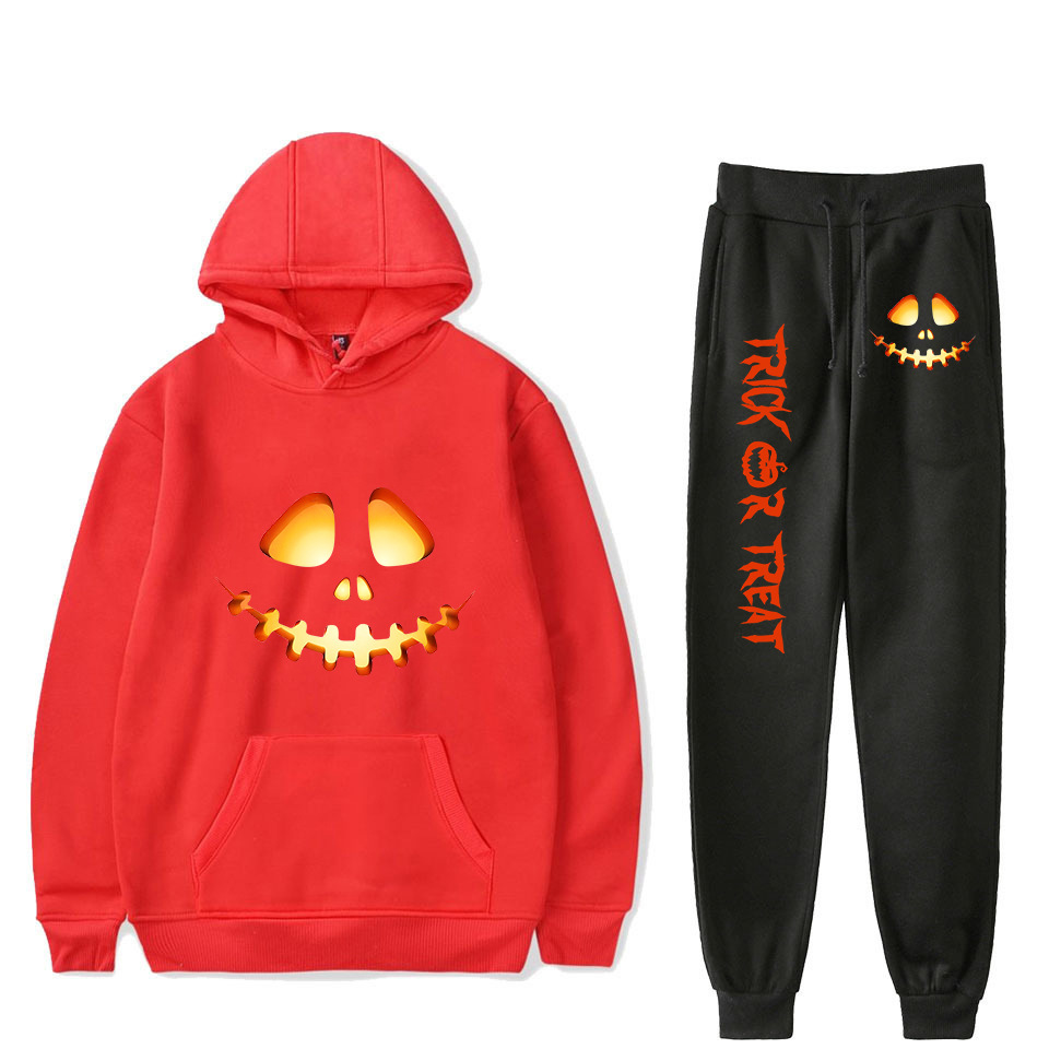 Women's Clothing creative pumpkin ghost face cartoon hooded sweatshirt leggings sports suit_voghion.com