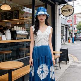 大理纯植物板蓝根手工扎染蓝染连衣裙无袖扎花长裙M2637