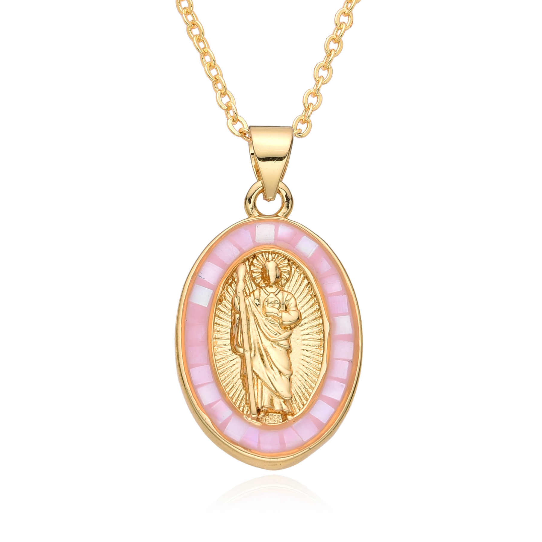15g Weight Shell Inlay Material Pendant Necklace Classification cable chain Chain Type 1 Piece Quantity Daily Occasion Copper Material Portrait, Saint Benedict Pattern Women's Gender Plating, Inlay Design Retro Style Copper Retro Portrait Plating Inlay Shell Pendant Necklace 4