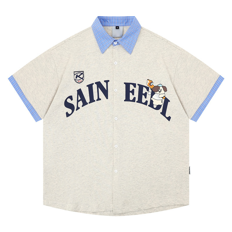 College Style Baseball Dog Print Lapel Cardigan Short-Sleeve Shirt Unisex 2026 New Loose Korean Style Half-Sleeve Shirt Trendy