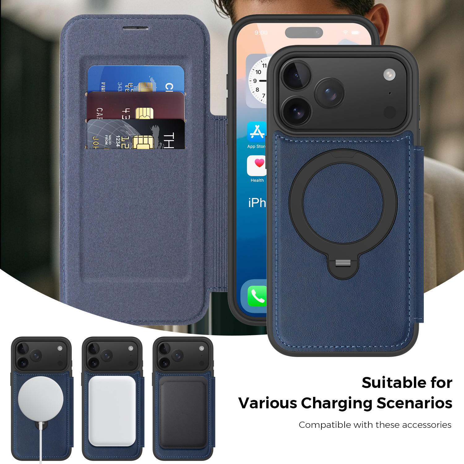 Ốp lưng da lật iPhone 16 Pro Max xoay 360 độ tích hợp giá đỡ từ tính — màu đen, màu xanh hoàng gia, Màu nâu, xám chi tiết 28