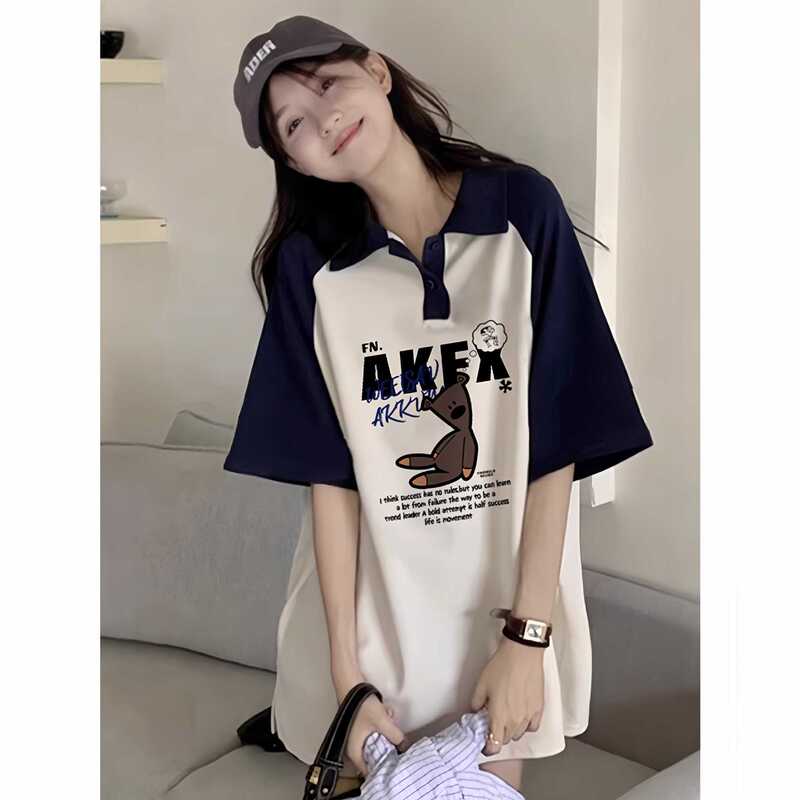 Short-Sleeved T-Shirt for Women with Raglan Lapel and Polo Collar, Summer Color-Blocked Navy Blue Retro Cartoon Pure Cotton Loose Top
