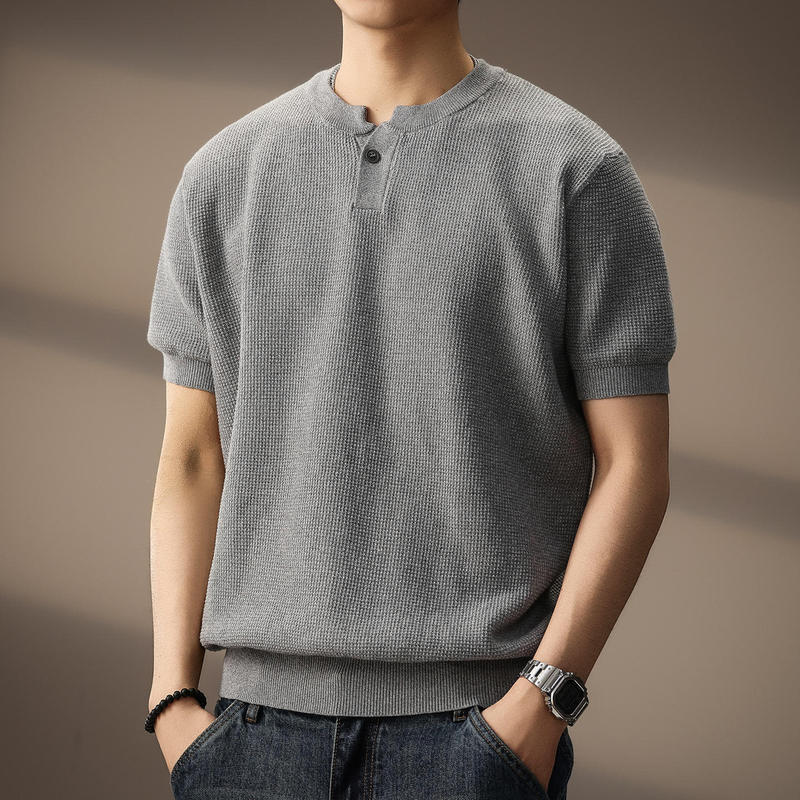 Short-Sleeve Knit T-Shirt for Men, Ice Silk, Summer V-Neck, Henley Collar, Plaid Texture, Old Money Style, Inner Wear, Cross-Border Factory Wholesale Short-Sleeve Knit T-Shirt for Men, Ice Silk, Summer V-Neck, Henley Collar, Plaid Texture, Old Money Style, Inner Wear, Cross-Border Factory Wholesale