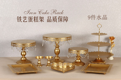 Decoración de mesa de postres de boda de oro, estante de pastel europeo, propósitos de boda, bandeja de pastel de encaje, estante de refrigerio de hierro forjado, 12 juegos