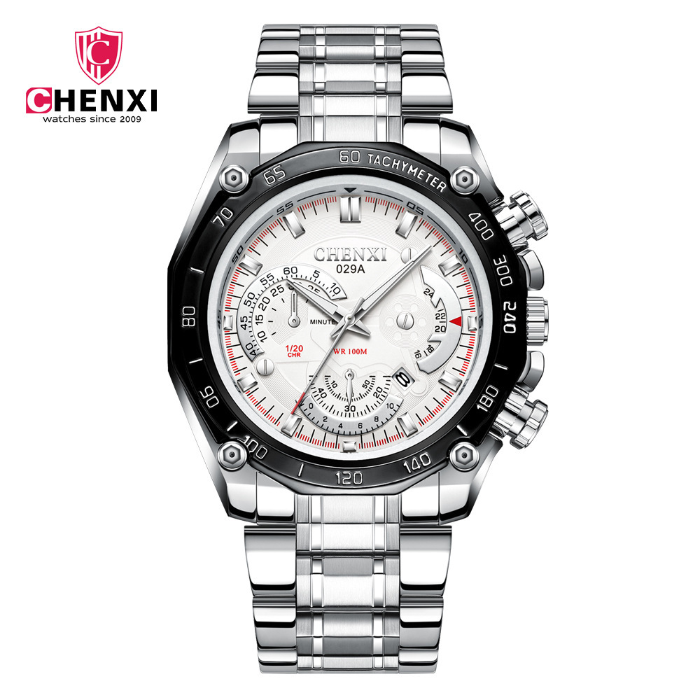 Reloj creativo del calendario del polígono de los ojos falsos del reloj del cuarzo de la correa de acero del negocio de los hombres chenxi 029A de chenxi