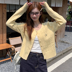 黄色毛衣开衫外套女早秋穿搭2025新款高级感针织刺绣上衣