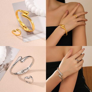 1 set of European and American fashion simple heavy metal temperament geometric ring glossy women's bracelet ring jewelry set