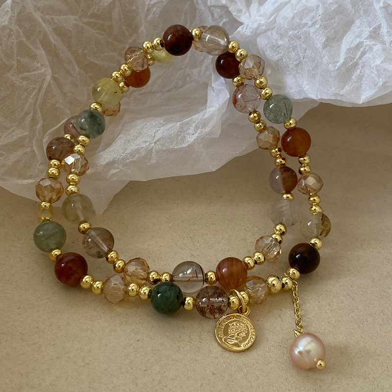 Piedra Natural cristal barroco perla pulsera retrato redondo marca doble capa personalidad todo partido pulsera nueva pulsera de cuentas