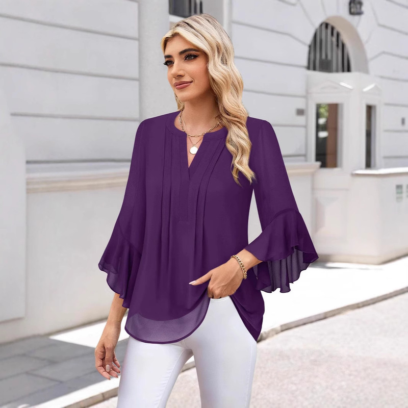 Amazon Cross-Border 2025 Spring/Summer 3/4 Sleeve Purple Office Business Work Women's Shirt with Ruffles and a Stylish Look
