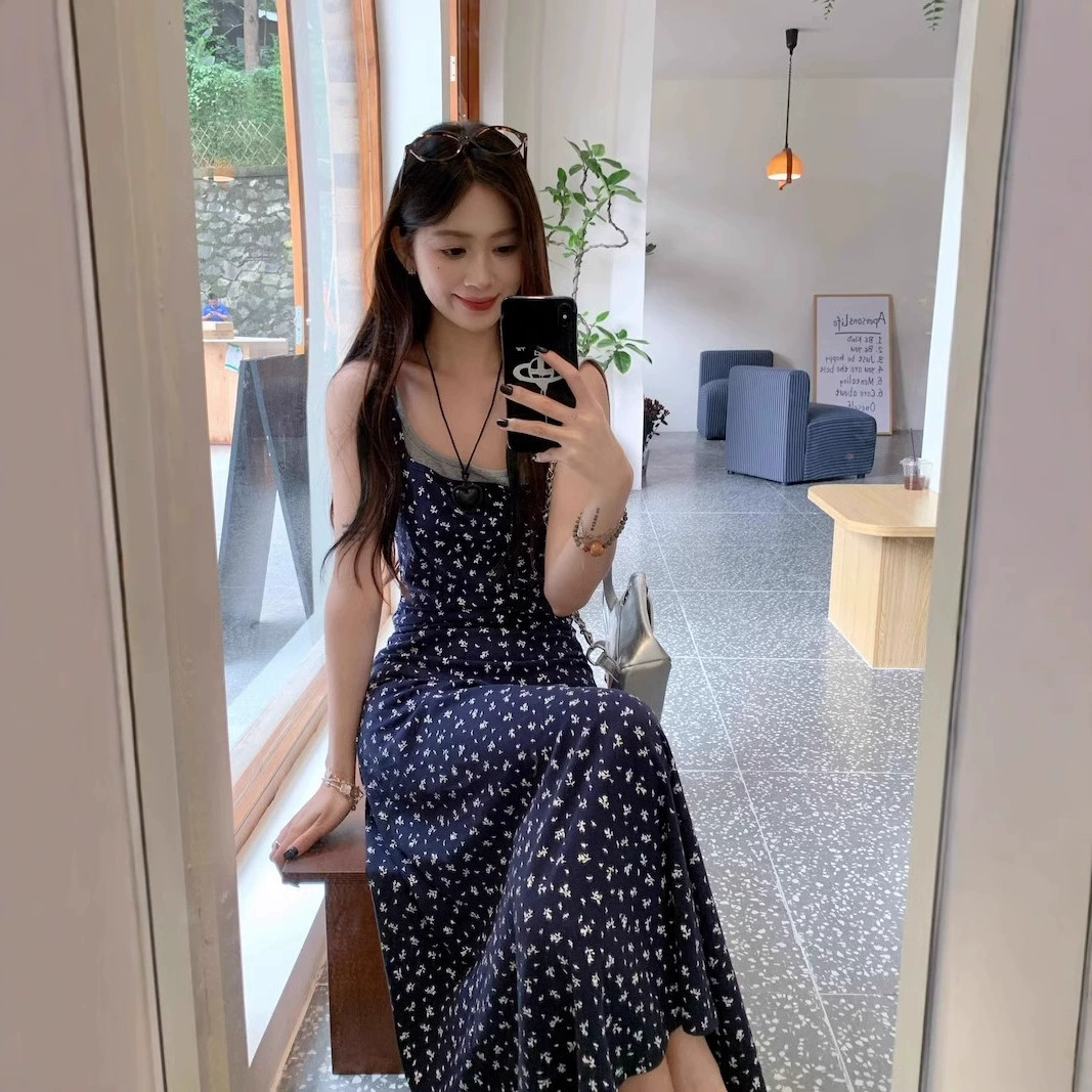 Синее нежное платье на подтяжках с цветочным принтом для женщин, летнее морское платье с утягивающей талией, длинная юбка с большим подолом