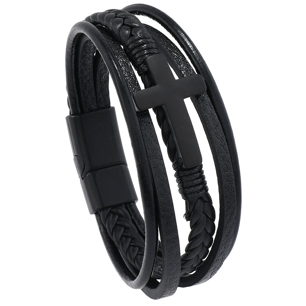 Men's PU Leather Bracelet RH360, Multi-Layer Beaded & Alloy Accents, 21.5 cm