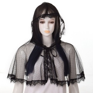 European and American Style Short Lace Shawl Single Layer Hooded Lace-up Cape Eyelash Edge Design Style Cloak Cosplay Dress