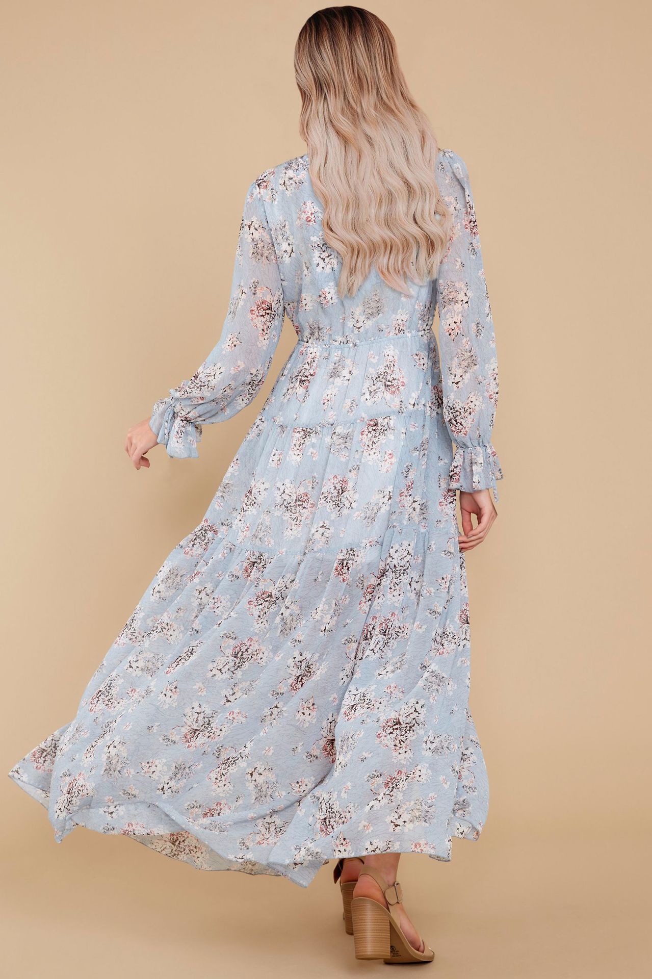 Floral Digital Print Button Ruffled Long-Sleeved Dress NSMDF81528