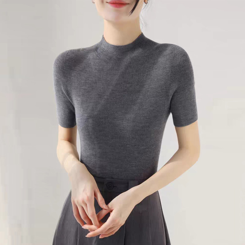 60-Count Yangzi Yarn Fine-Spun Half-Turtleneck 100% Merino Wool Seamless Integrated Short-Sleeve Women's Thin Base Layer Shirt