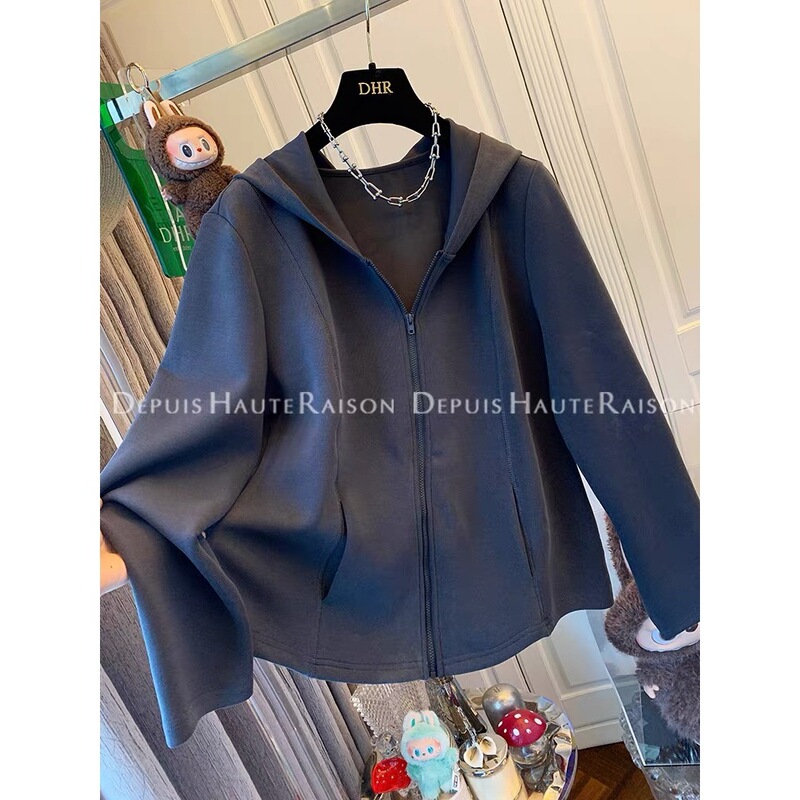 [Fat Girl] Korean High-End Zipper Hooded Sweatshirt for Women in Early Autumn Loose Slimming Look Cardigan Long-Sleeved Top
