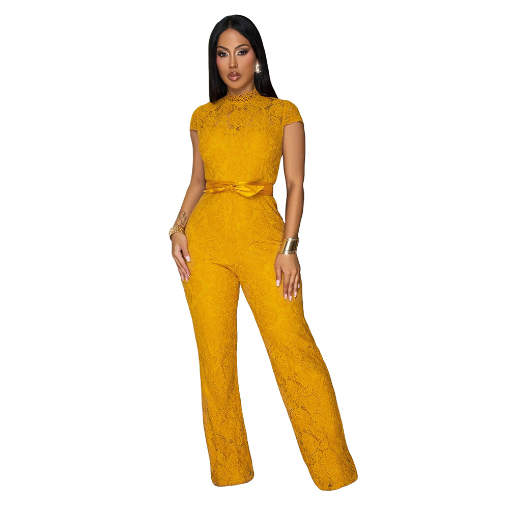 Elegant Lace Jumpsuit With Wide-Leg Design European Style Round-neck Short-sleeved Lace One-piece Pants For Women_ecoleips.com