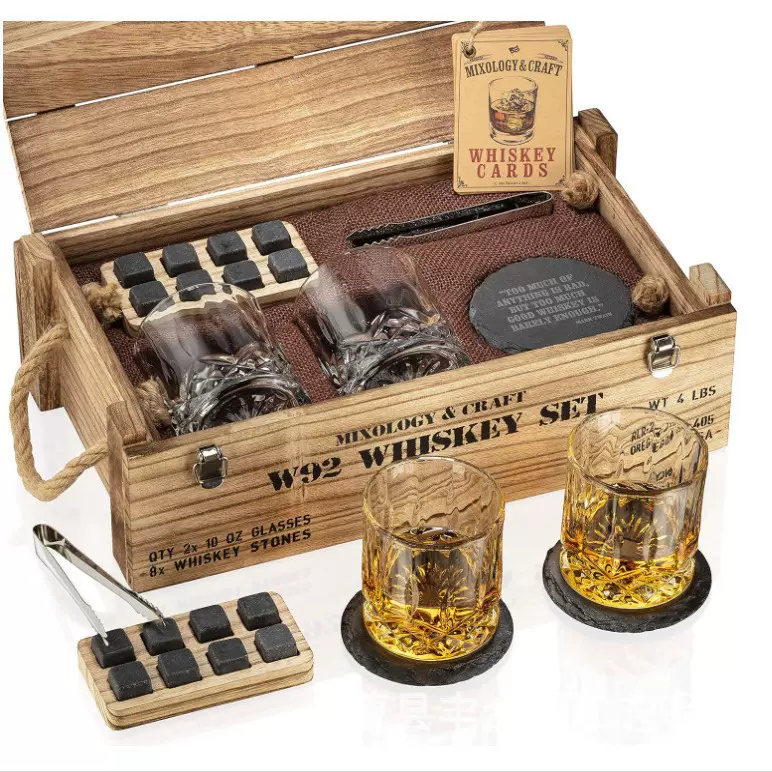 定制复古木盒威士忌酒具礼盒天然冰酒石酒杯木盒套装whisky跨境