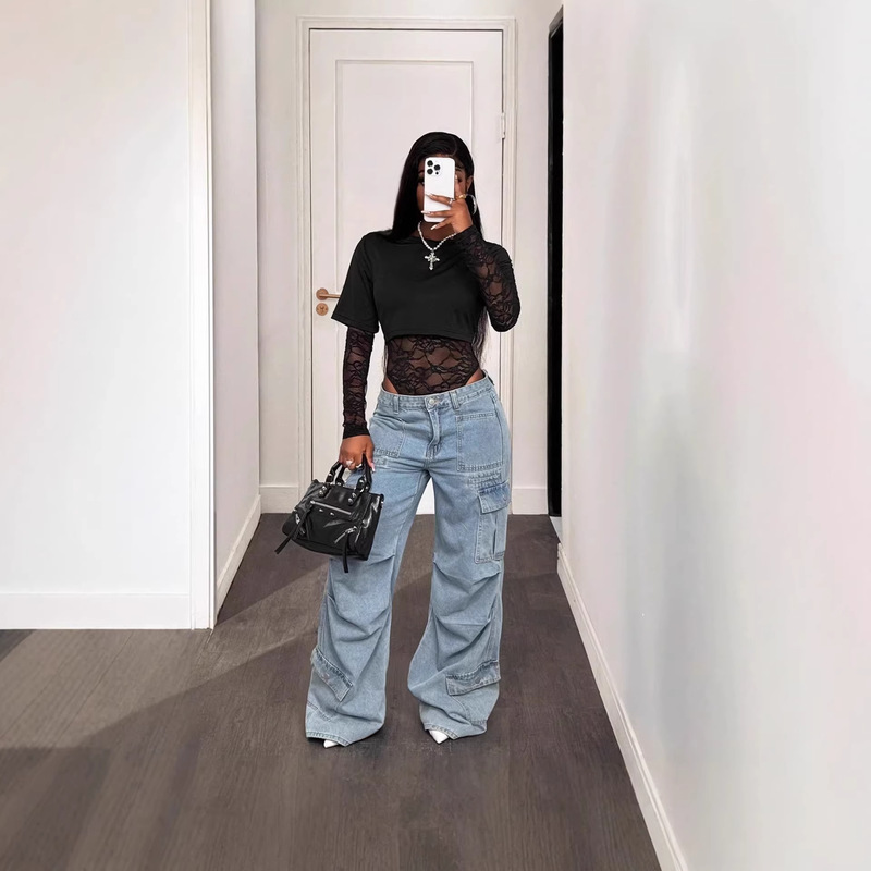 In-Stock European and American Cross-Border Amazon Solid Color Knitted T-Shirt Patchwork Transparent Lace Women's Long-Sleeve Sexy Bodysuit