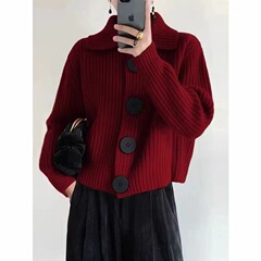 Polo襟ニットカーディガン女性秋冬新商品高級感上着ショートタイプの怠惰な雰囲気セーターコート