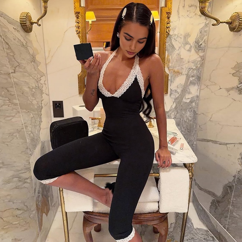 Women's Clothing Fashionable Sexy Lace Trim Slim Fit Back Hollow Out Tie Jumpsuit Summer New Arrival_ecoleips.com