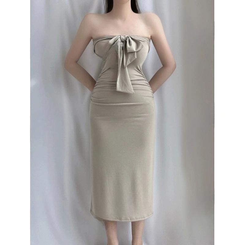 韩国正品代购新款 夏季露肩蝴蝶结修身针织背心连衣长裙