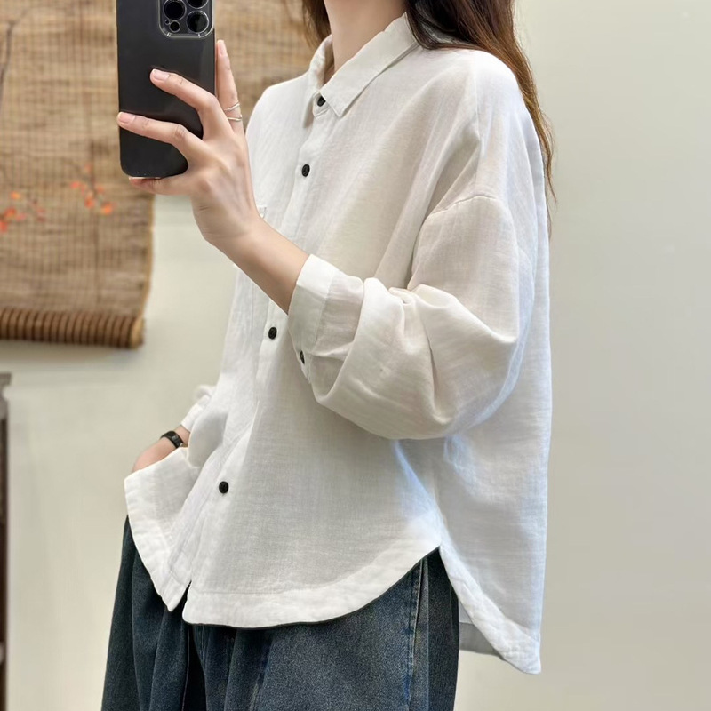 日韩双层棉纱纯色衬衫宽松文艺翻领衬衣开衫休闲百搭上衣女装|undefined