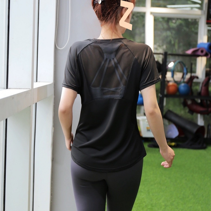 スポーツ半袖レディース速乾服夏ランニングフィットネス服ヨガ服美しいバックメッシュ弾性スリムトレーニングTシャツ新しい|undefined