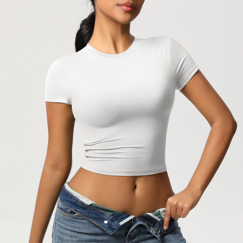 Cross-Border European and American Style Coffee-Colored Slim-Fit Crop Top with a Simple Design, Casual Short T-Shirt for Women, Hot-Selling Foreign Trade Item