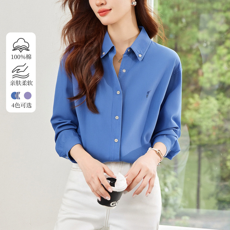 Cotton Cocoon Polo Embroidery Blue Shirt Women's Long-Sleeved 2026 Spring New Casual Top Women's Pure Cotton Shirt